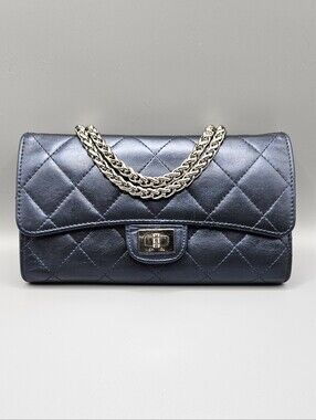 💙CHANEL RARE Blue Irrdecent Authentic Matelassé Lambskin Long Wallet/Clutch💙